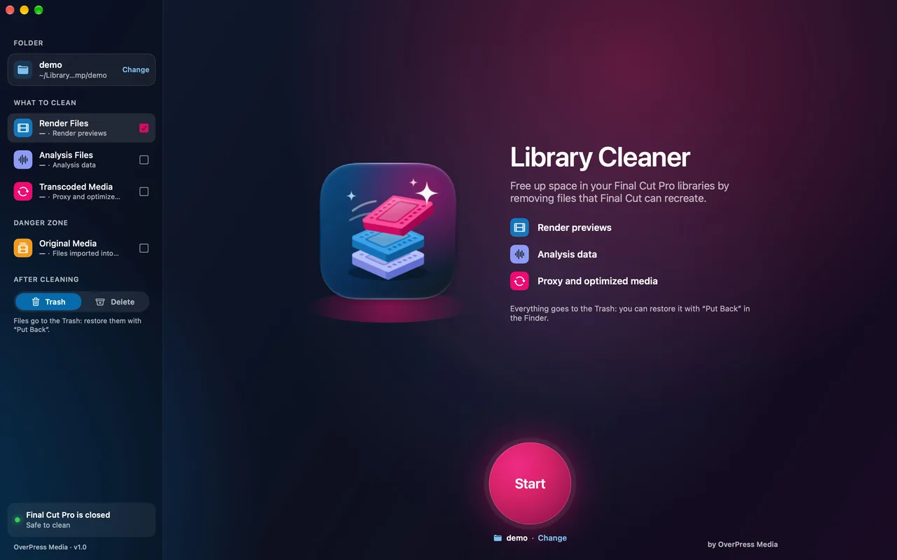 Library Cleaner with the folder chosen and the Start button
