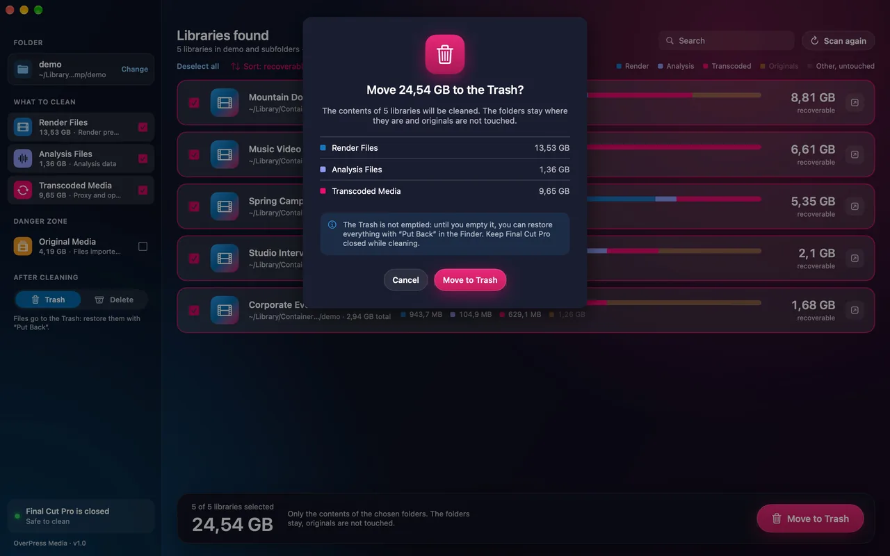 The confirmation sheet: move 24.54 GB to the Trash, with the three chosen categories