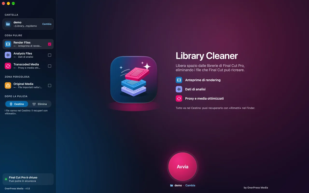 Library Cleaner con la cartella scelta e il pulsante Avvia