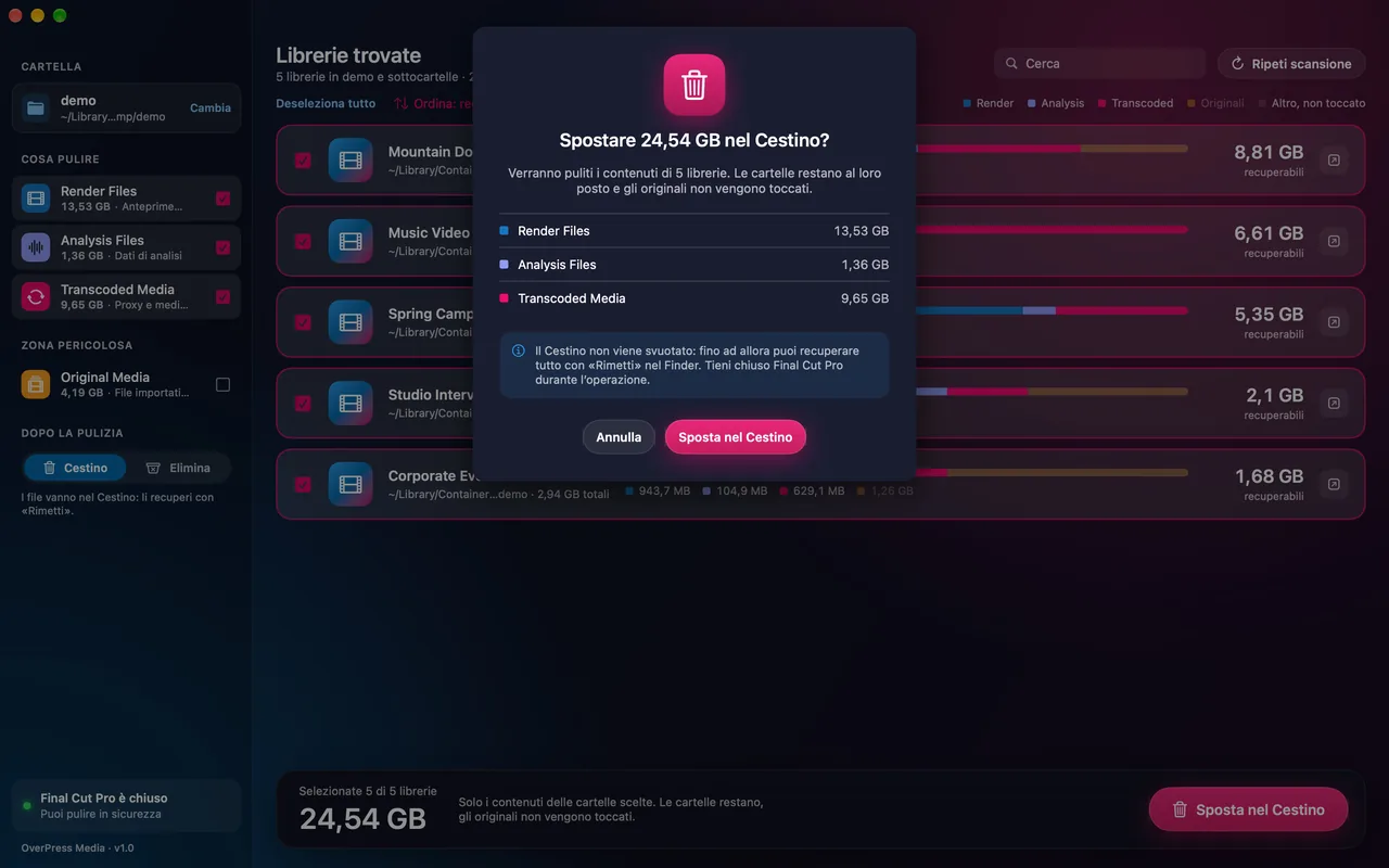 Il pannello di conferma: spostare 24,54 GB nel Cestino, con le tre categorie scelte